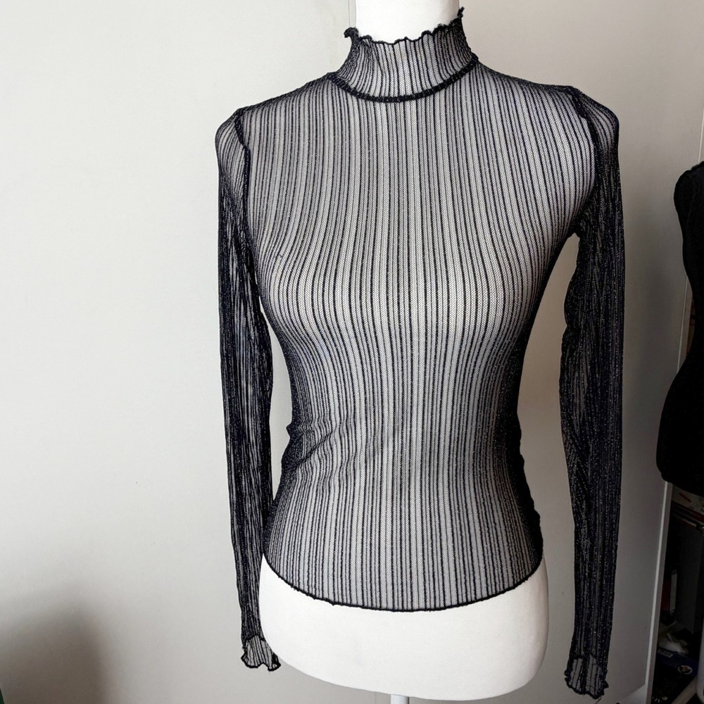 Forever 21 Sheer Long Sleeve Top S Black Metallic Mock Neck Y2K Whimsigoth